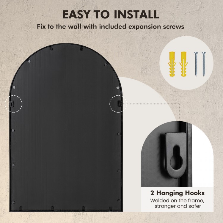 Arched window pane mirror with a black metal frame, 23x34 inches, designed for secure wall mounting in living spaces.