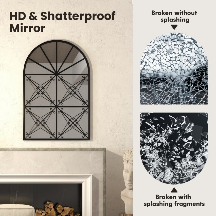 Arched window pane mirror with a black metal frame, 23x34 inches, shatterproof design for safe wall mounting in living.