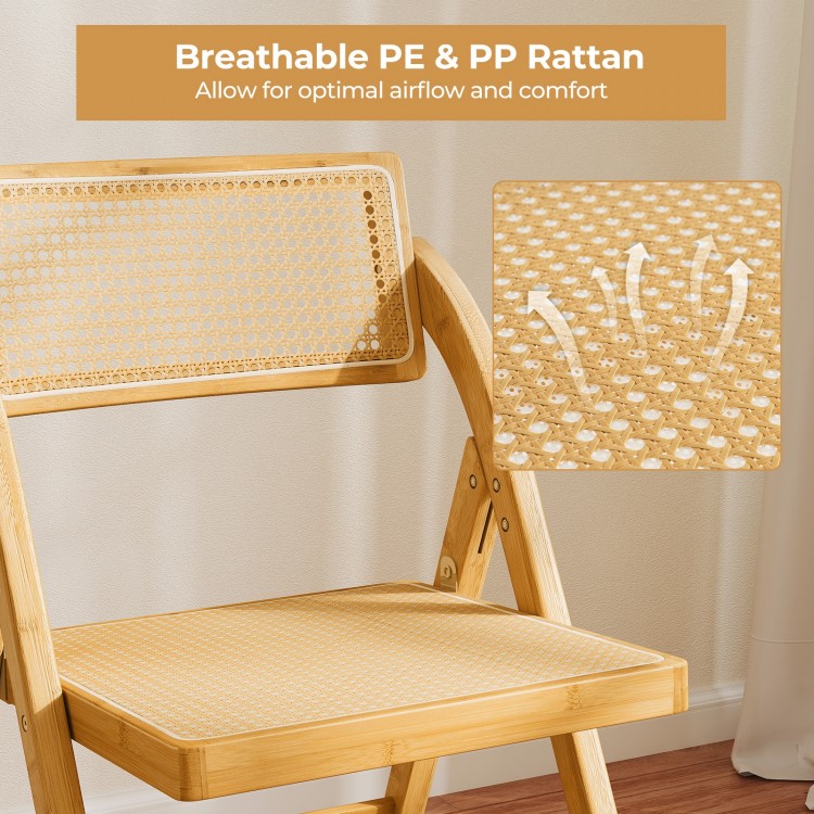 Breathable PE and PP rattan folding dining chair with rotatable backrest for optimal airflow and comfort in natural.