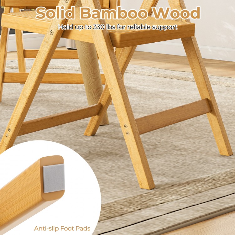 Solid bamboo wood folding dining chair with rotatable backrest, anti-slip foot pads, and breathable rattan for comfort.