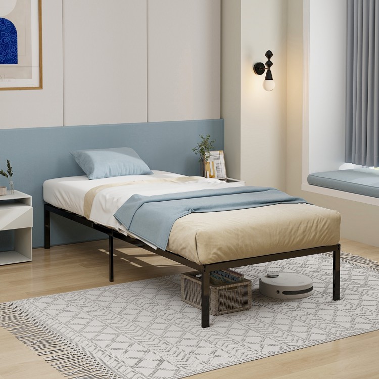 14-inch heavy-duty metal platform bed frame with a modern design, suitable for various mattress types and offering.