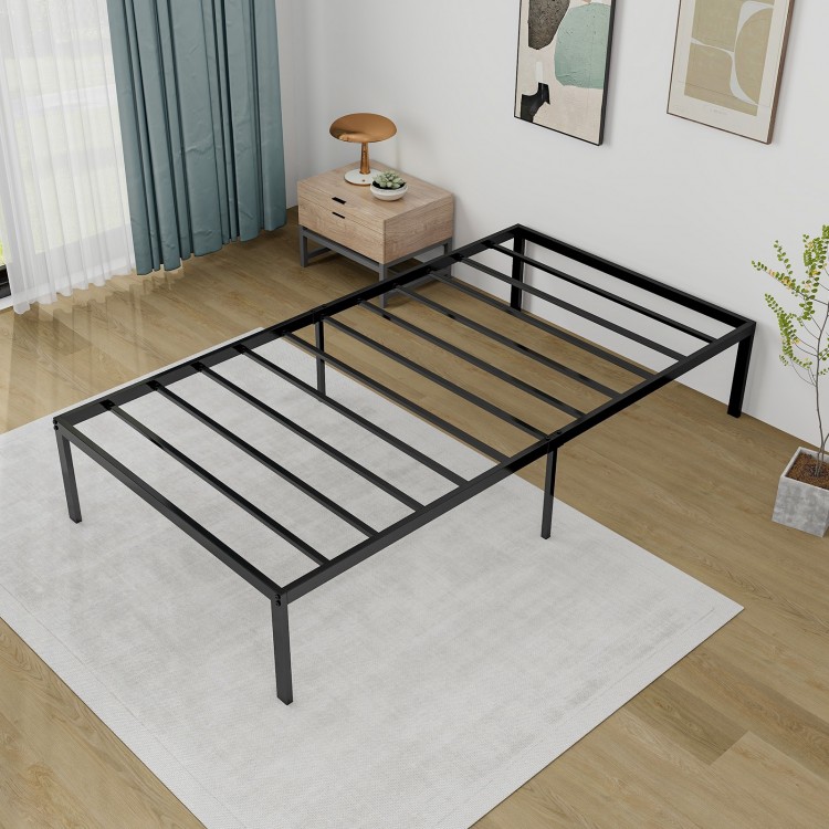 Heavy-duty metal platform bed frame with sturdy iron construction and spacious under-bed storage for organized bedrooms.