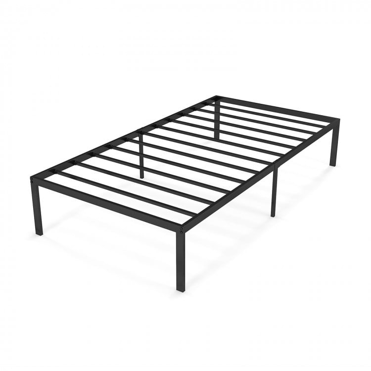 Heavy-duty 14-inch metal platform bed frame with sturdy iron construction, suitable for various mattress types.