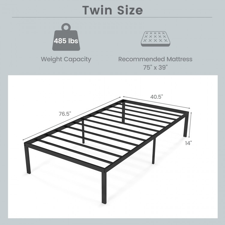 Twin size 14-inch heavy-duty metal platform bed frame with sturdy iron construction and 485 lbs weight capacity.
