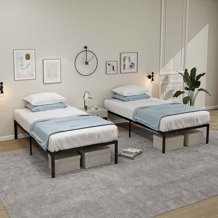 Two twin beds with 14-inch heavy-duty metal platform frames, featuring spacious under-bed storage and a modern design.