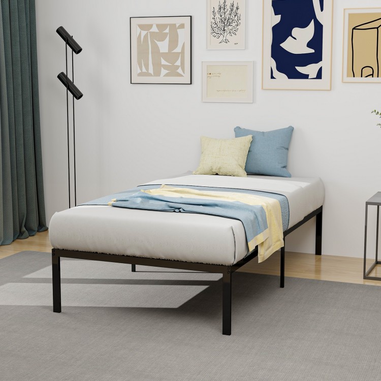 Heavy-duty metal platform bed frame with a simple design, suitable for various mattress types and under-bed storage.