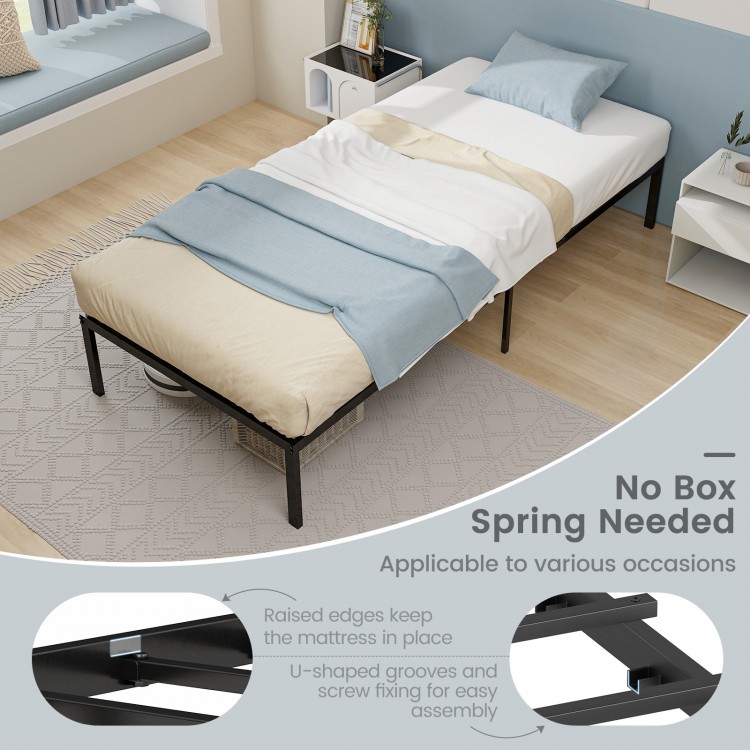 14-inch heavy-duty metal platform bed frame with sturdy iron construction, suitable for various mattress types, no box.