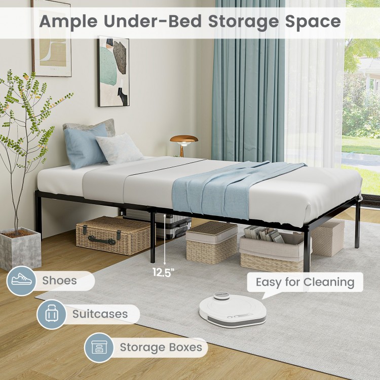 14-inch heavy-duty metal platform bed frame with ample under-bed storage space for shoes and suitcases, easy to clean.