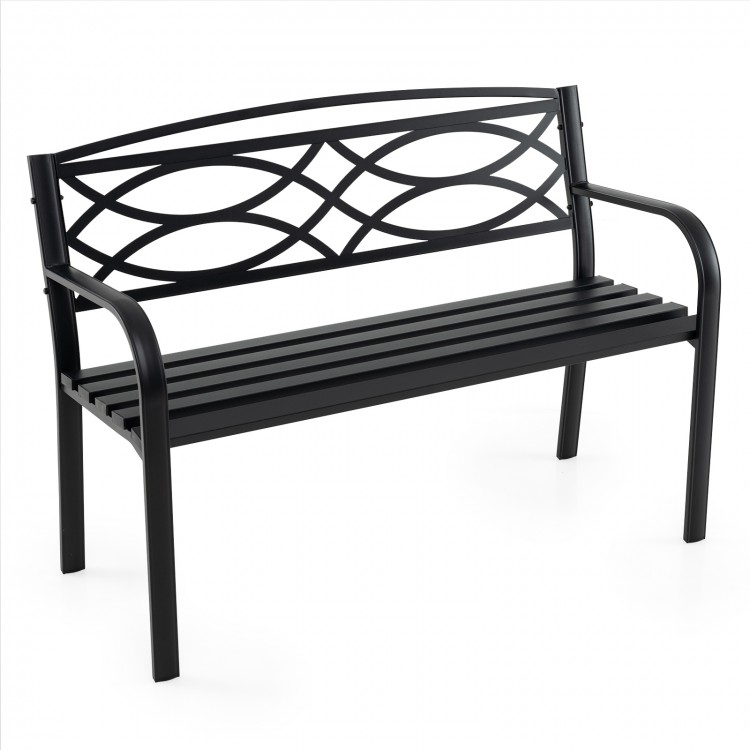 Black garden bench with curved armrests and backrest, sturdy metal frame, ideal for patios and gardens.