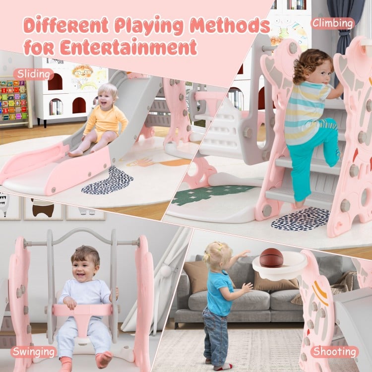 Kids 4-in-1 slide and swing set in pink featuring climbing, sliding, swinging, and a basketball hoop for safe play.