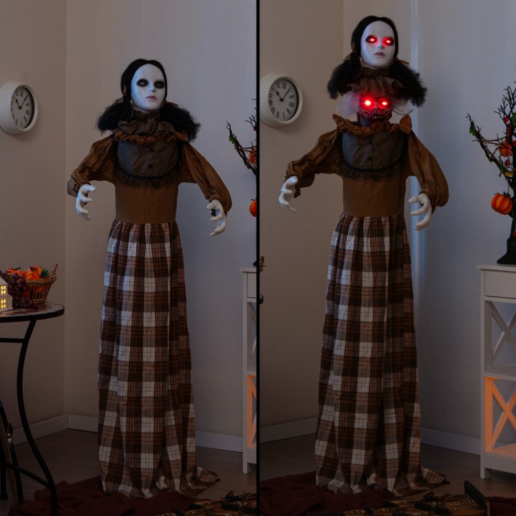 Haunted woman animatronic with pop-up head, flashing eyes, and sound activation, perfect for Halloween decorations.