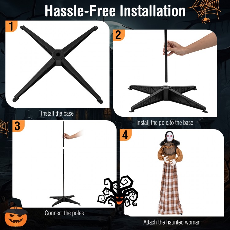 Haunted woman animatronic installation steps, featuring a sturdy base and pole setup for Halloween decorations.