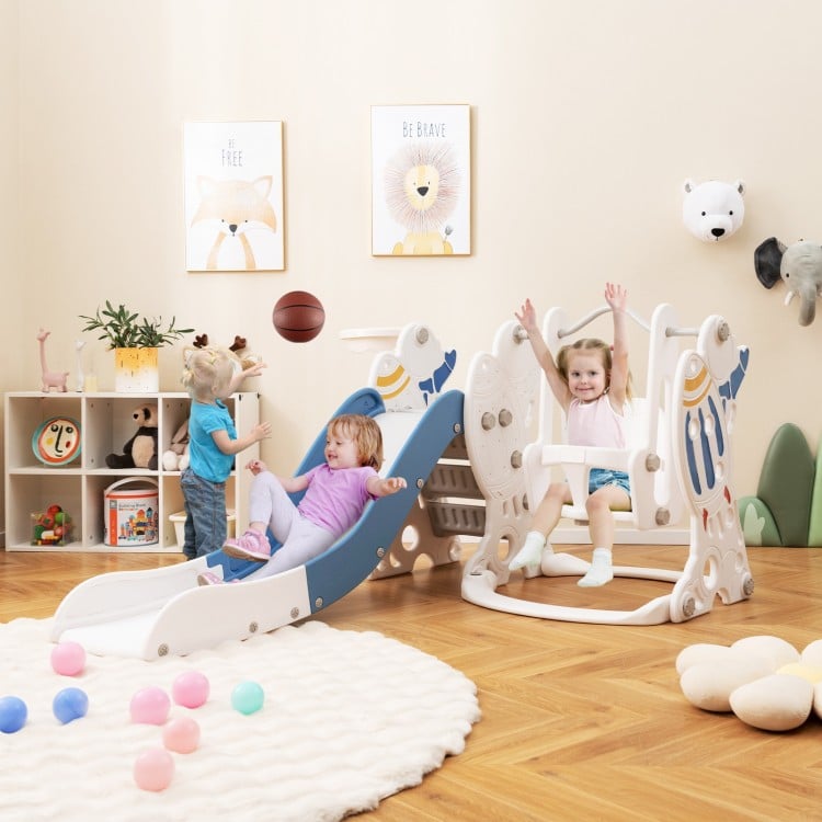 Kids enjoy the 4-in-1 slide and swing set with basketball hoop in a playroom, featuring a safe and colorful design.