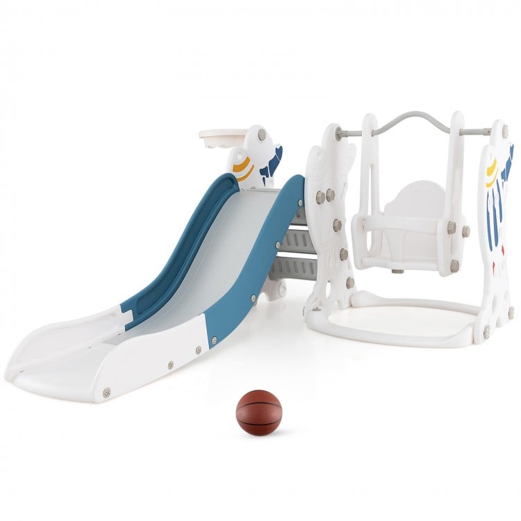 Kids 4-in-1 slide and swing set in blue with basketball hoop, featuring safe climbing and sliding design for toddlers.