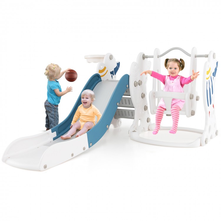 Kids 4-in-1 slide and swing set in blue with basketball hoop, designed for safe play and fun in kindergartens or.