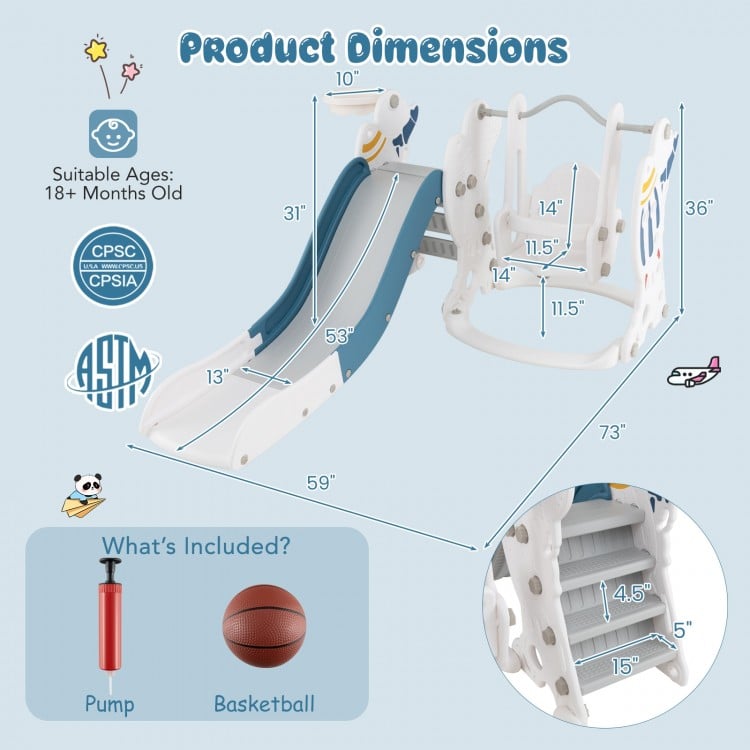 Kids slide and swing set with basketball hoop, blue, featuring foldable design and safety features for ages 18 months.