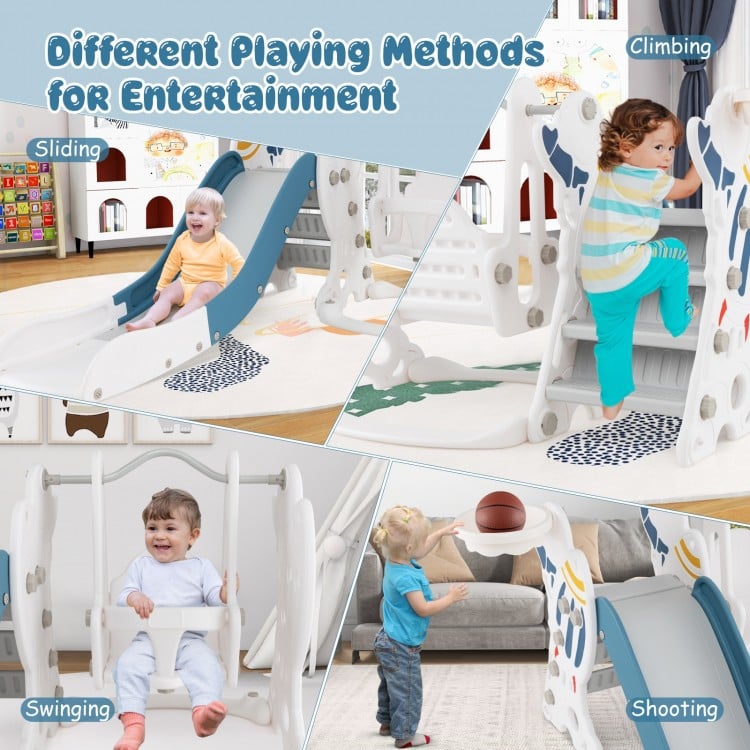 Kids 4-in-1 slide and swing set in blue featuring climbing, sliding, and a basketball hoop for safe indoor play.