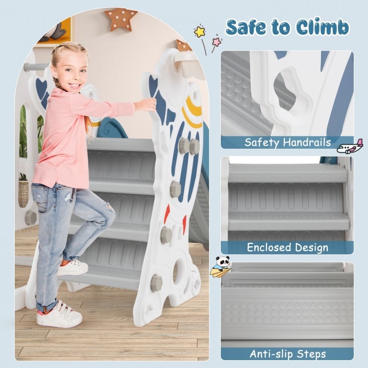 Kids' slide and swing set with anti-slip steps, safety handrails, and enclosed design for safe climbing and play.