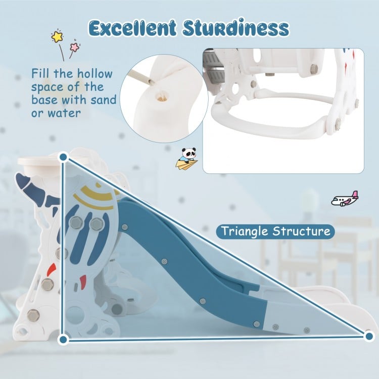 Side view of the 4-in-1 kids slide and swing set, featuring a triangular structure for stability and safety.