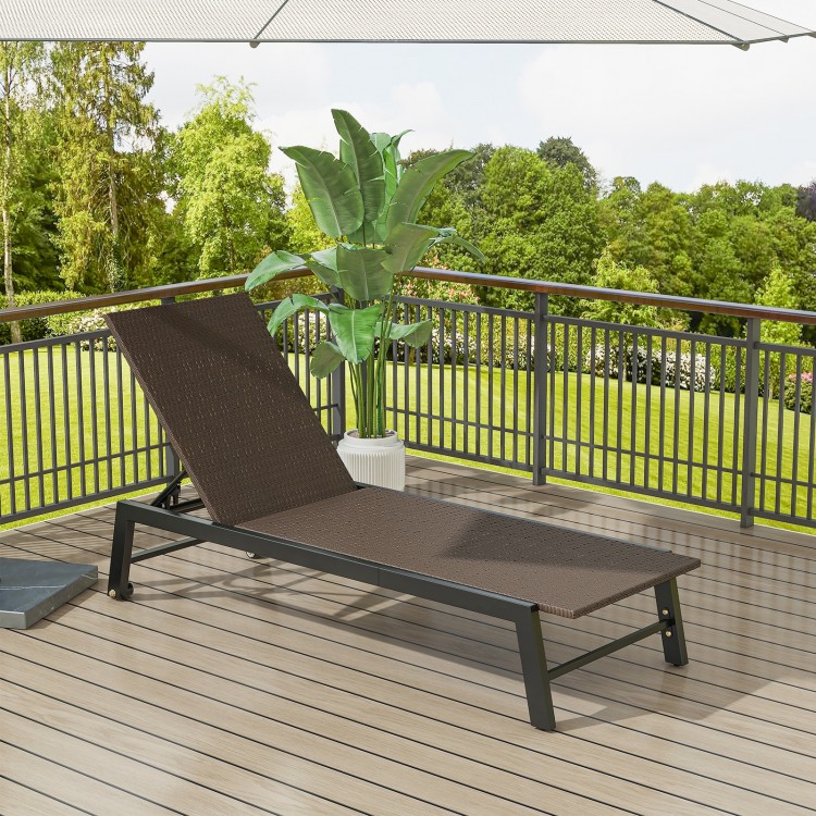 PE wicker patio chaise lounge chair with wheels, adjustable backrest, ideal for poolside relaxation and sunbathing.