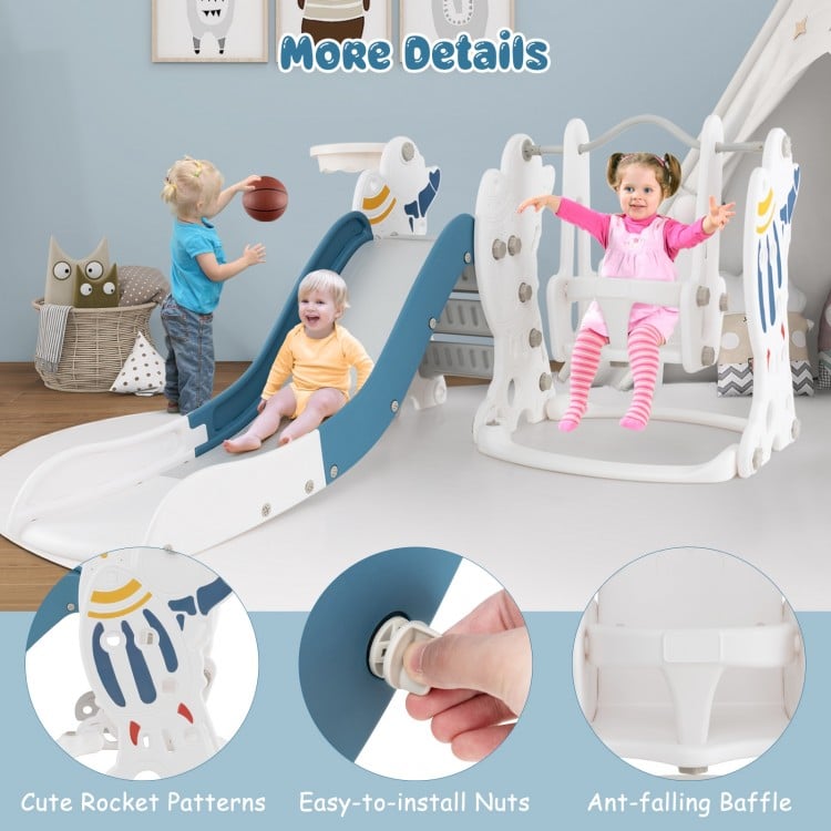 Kids 4-in-1 slide and swing set in blue with basketball hoop, featuring safe design and foldable slide for easy storage.