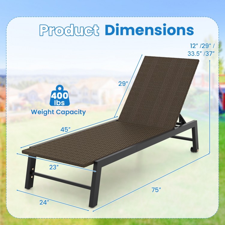 Dimensions of the PE wicker patio chaise lounge chair with wheels, adjustable backrest, and 400 lbs weight capacity.