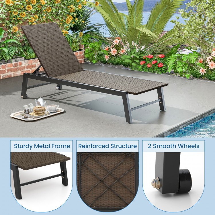 PE wicker chaise lounge chair with adjustable backrest and wheels, perfect for poolside relaxation and outdoor comfort.