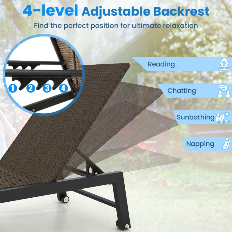 Adjustable backrest of PE wicker patio chaise lounge chair, perfect for sunbathing, reading, or napping by the poolside.