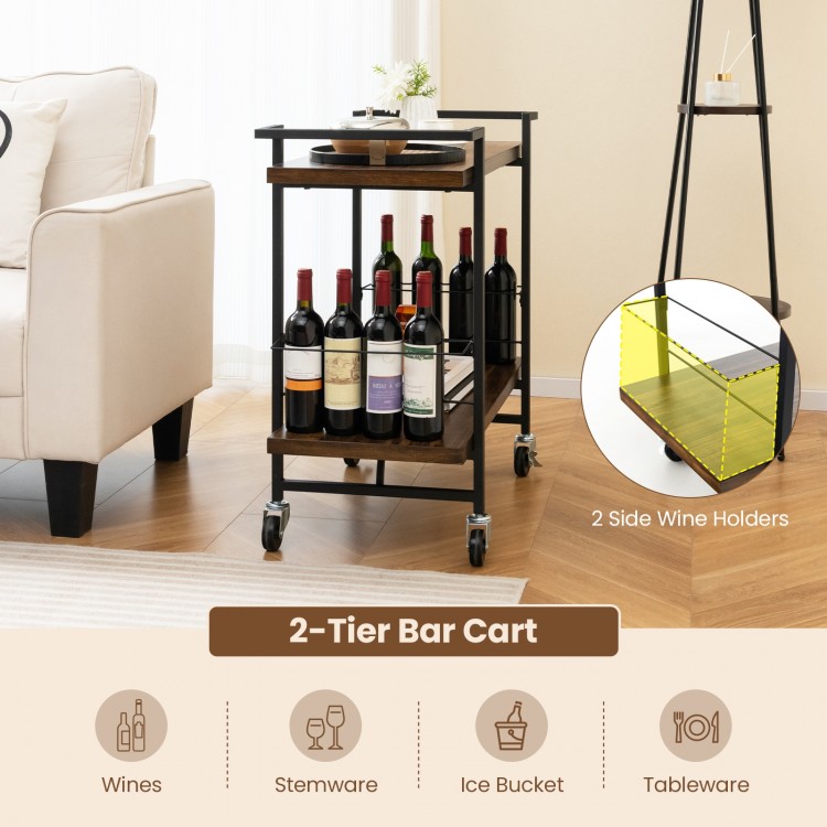 2-tier home bar cart in rustic brown with lockable wheels, featuring wine storage and sturdy metal frame for easy.