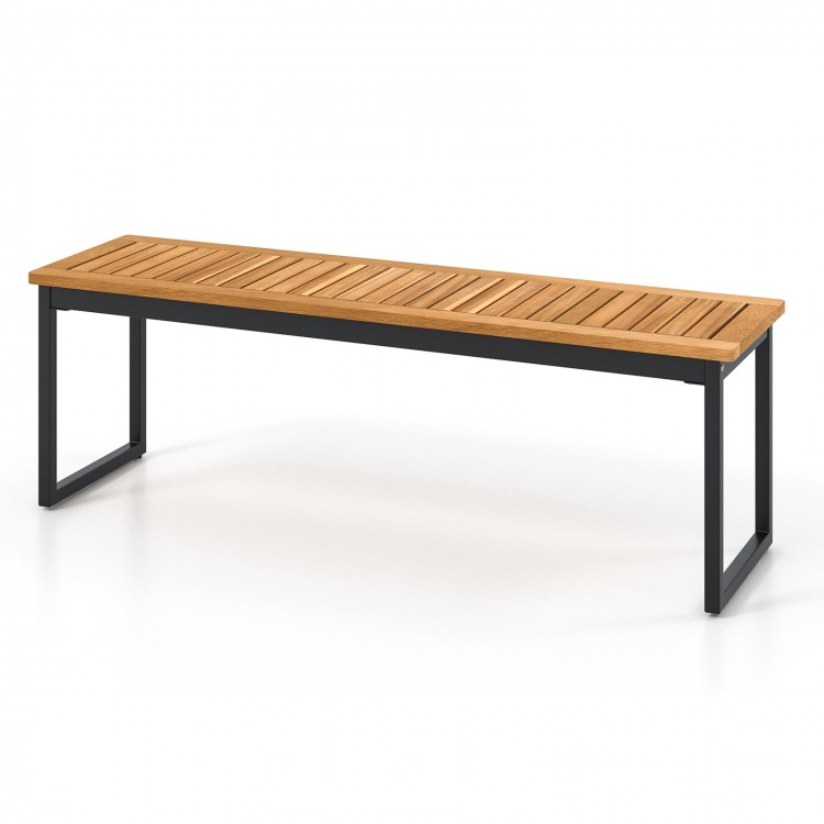 Backless patio dining bench with slatted acacia wood seat and sturdy powder-coated metal legs for indoor and outdoor.