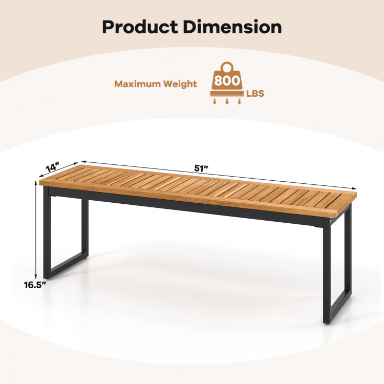 Backless patio dining bench with slatted acacia wood seat and sturdy metal legs, suitable for indoor and outdoor use.