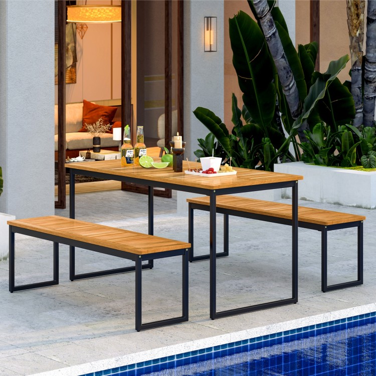 Backless patio dining bench with slatted acacia wood seat and sturdy metal legs, perfect for outdoor dining.
