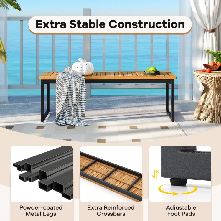 Backless patio dining bench with slatted acacia wood seat and powder-coated metal legs, perfect for indoor and outdoor.
