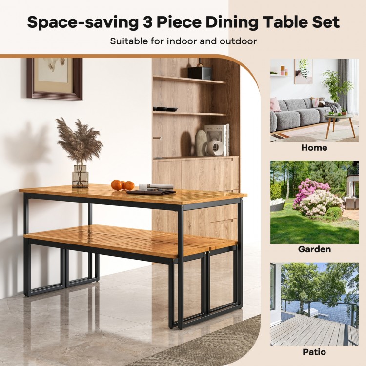Patio dining bench featuring a natural acacia wood slatted seat with adjustable foot pads for stability on uneven.