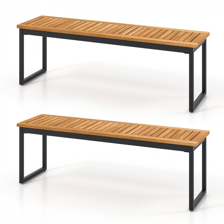 Set of 2 patio dining benches with acacia wood surface and powder-coated metal legs, ideal for indoor and outdoor use.