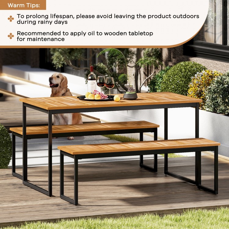 Set of 2 patio dining benches made of acacia wood with powder-coated metal legs, ideal for indoor and outdoor use.