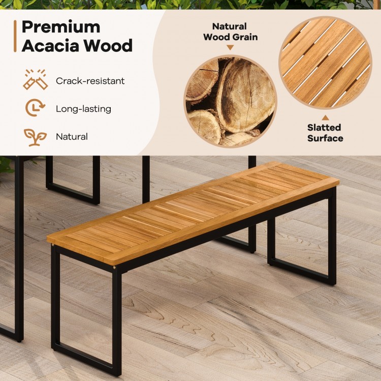Patio dining bench featuring premium acacia wood, slatted surface, and sturdy powder-coated metal legs for outdoor use.