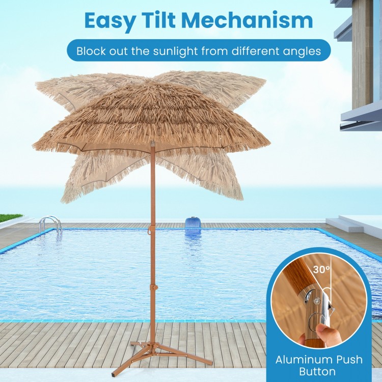 Thatched tiki umbrella with foldable stand and push button tilt, made of polyester and PP, ideal for outdoor sun.