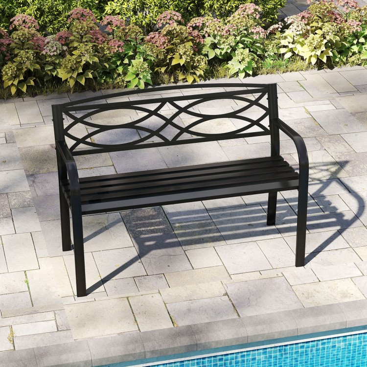Black garden bench with a sleek design and contoured seat, perfect for poolside or garden relaxation.
