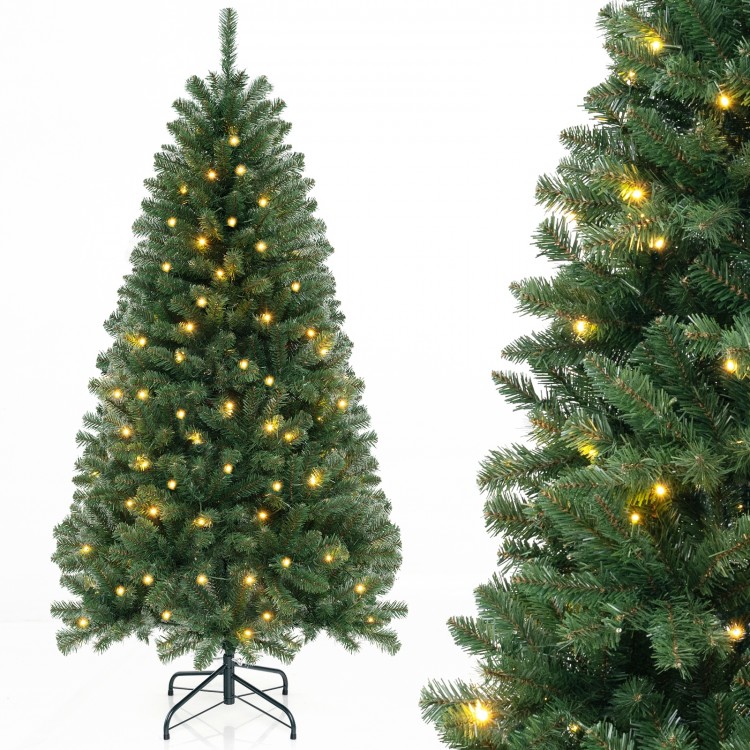 Full view of a 6 FT artificial Christmas tree with 400 warm white LED lights, featuring dense branch tips for a festive.