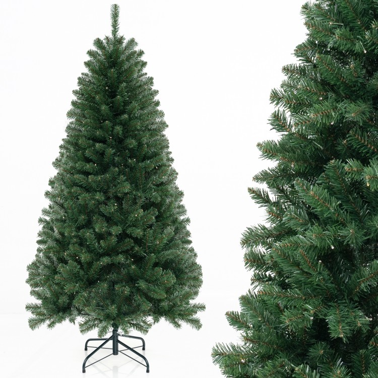 Full view of a 6/7/8 FT artificial Christmas tree with 568/830/1182 branch tips and warm white LED lights for holiday.