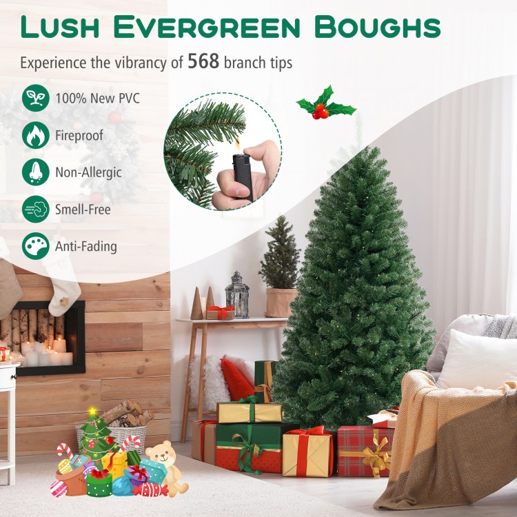 Full view of a 6 FT artificial Christmas tree with 568 branch tips and warm white LED lights, perfect for holiday decor.