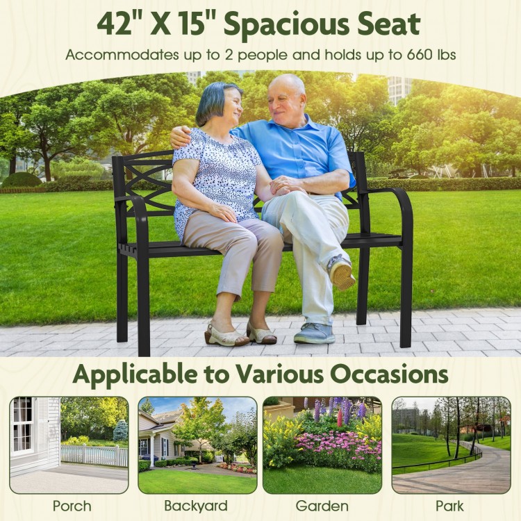 Garden bench with curved armrests, black metal frame, 42-inch seat for 2 adults, ideal for patios and gardens.