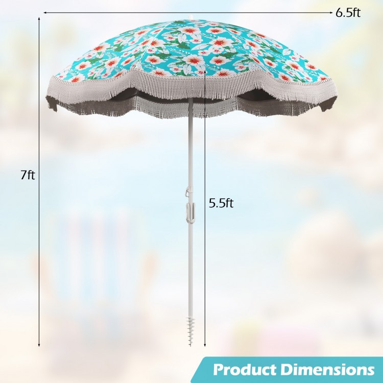 Fringe beach umbrella with floral pattern, 6.5 ft height, adjustable tilt, and UPF 50+ protection for outdoor use.