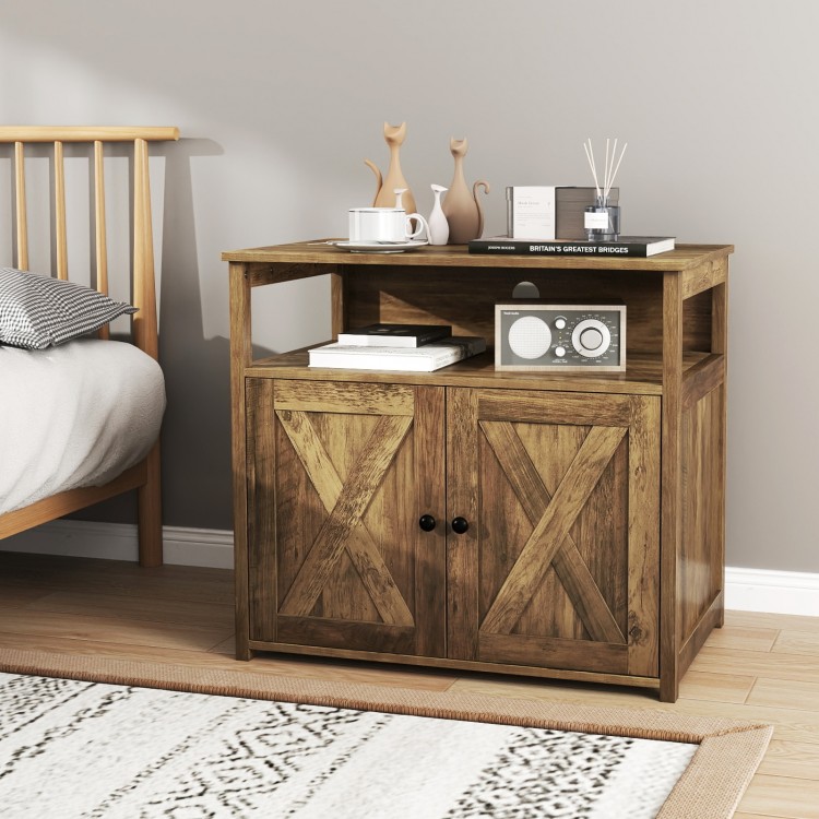 Rustic cat litter box enclosure with double barn doors, side entry, and spacious storage shelf for tidy living spaces.