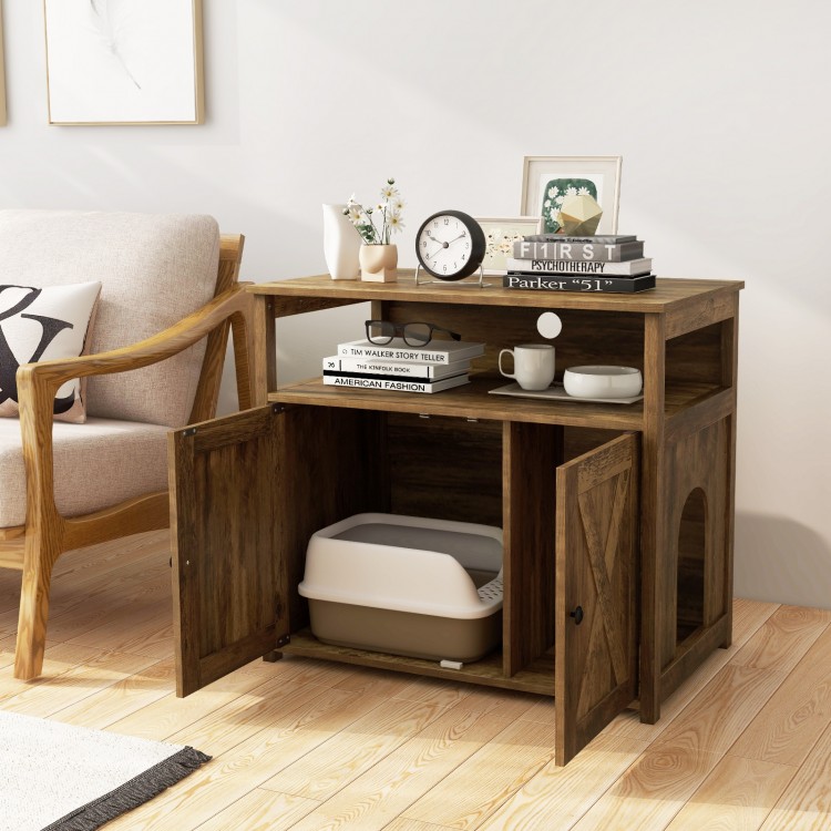 Cat litter box enclosure with double barn doors, rustic wood finish, and spacious storage shelf for tidy organization.