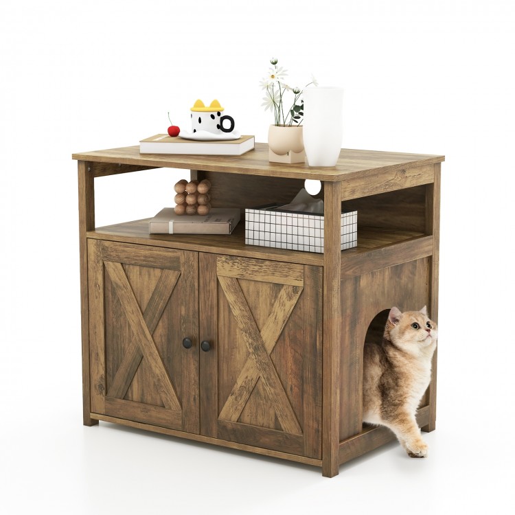 Cat litter box enclosure with double barn doors, side entry, and storage shelf for tidy organization and easy access.
