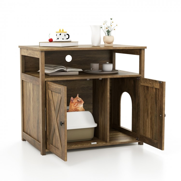 Cat litter box enclosure with double barn doors, side entry, and storage shelf for tidy and organized spaces.