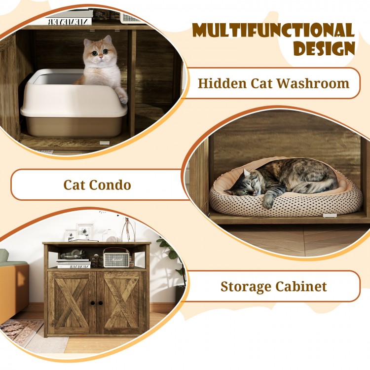 Cat litter box enclosure with double barn doors, side entry, and storage shelf for tidy, multifunctional pet care.