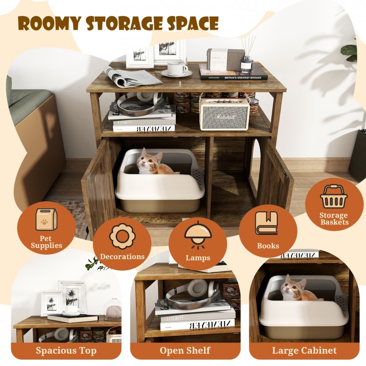 Cat litter box enclosure with double barn doors, spacious top, and storage shelf for tidy pet care and organization.
